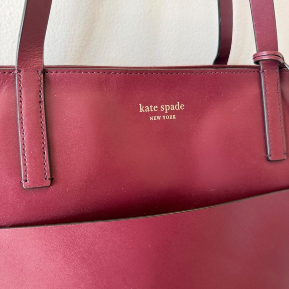 Kate Spade New York Burgundy Leather Large Tote Bag Minimalist Work Chic Preppy - Picture 3 of 15
